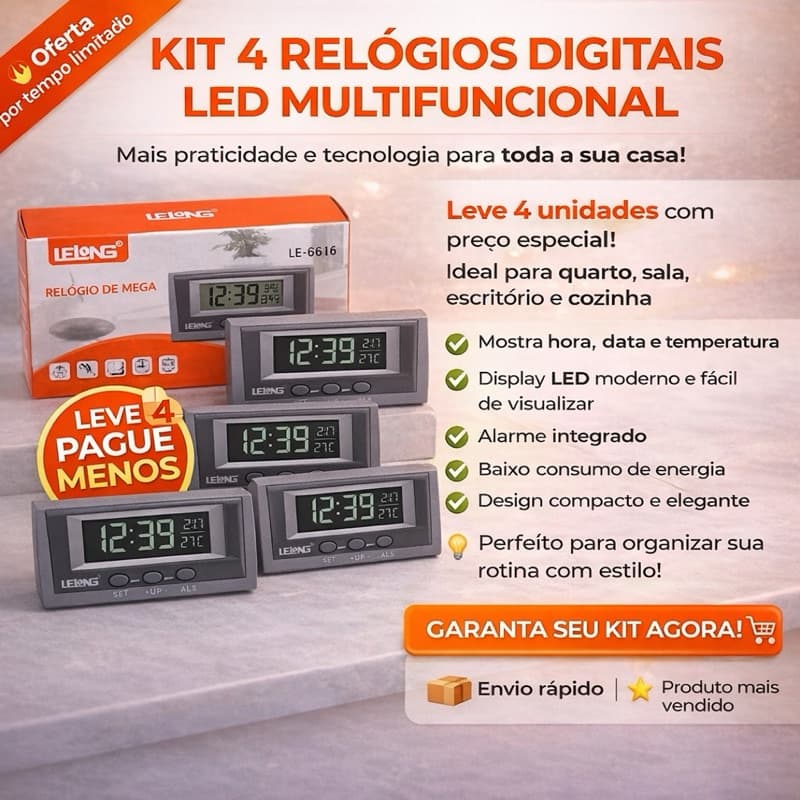 Kit 4 Mini Relógio de Mesa LED com Alarme e Termômetro Digital