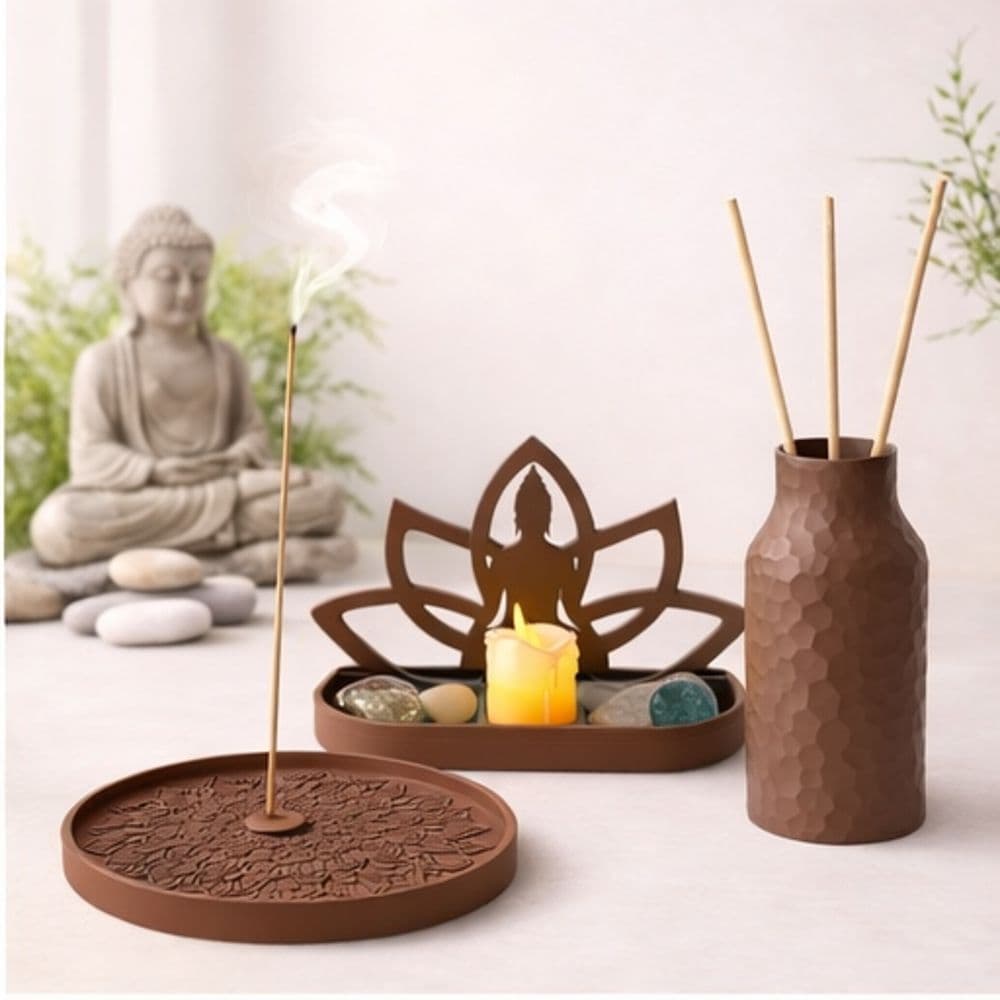Kit Zen 3 Peças – Incensário + Vaso + Porta Velas Decorativo