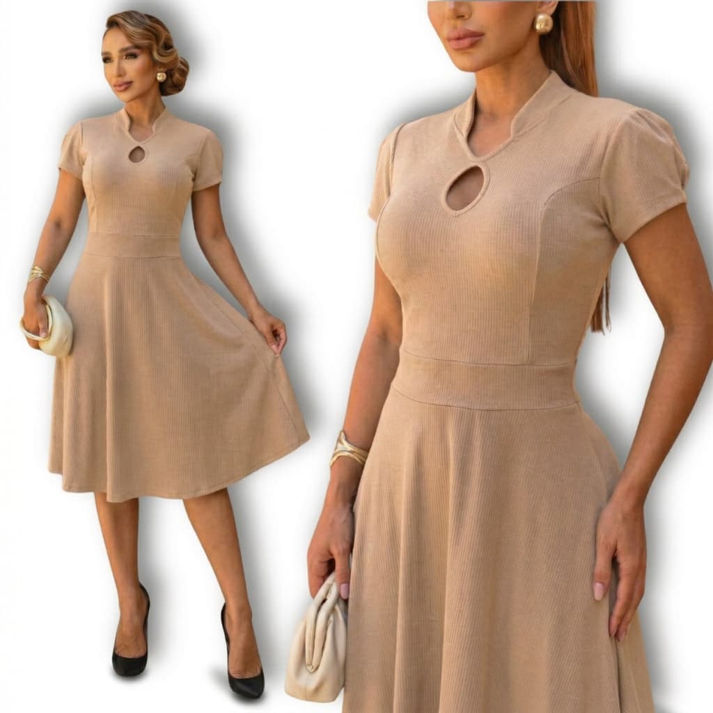 Vestido Feminino Midi Godê Social Elegante Gola Padre Moda Evangélica Casual Festa Casamento