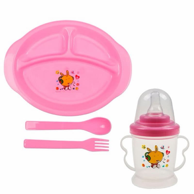 Kit Refeição Infantil 4 Peças Prato Divisória Copo com Tampa Garfo e Colher Plástico Seguro Criança Viagem Escola