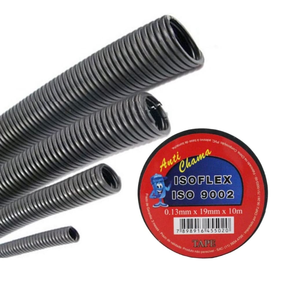 Kit Conduíte Corrugado Automotivo 4 Rolos 5m E Fita Isolante Espaguete com corte 4 tamanhos 5 Metros