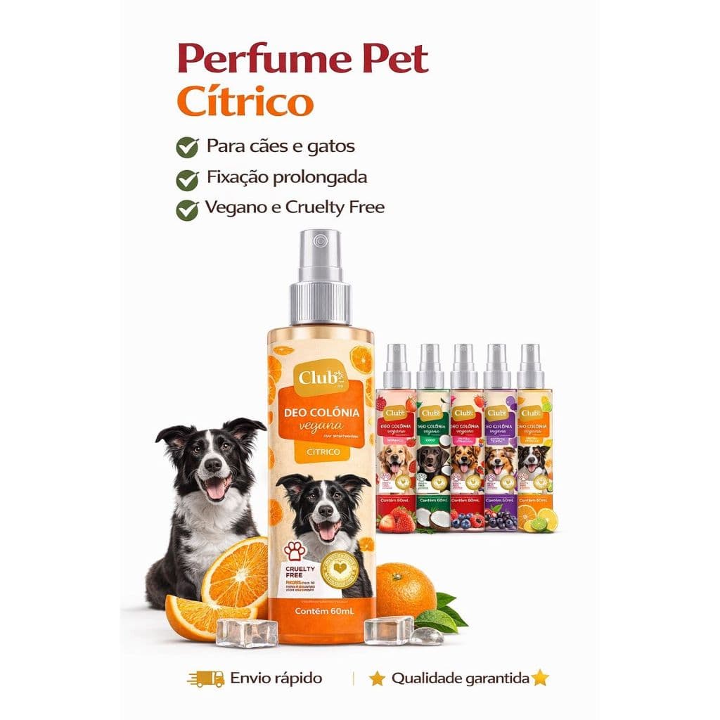 Perfume Pet Cítrico Para Cães e Gatos 60ml Deo Colônia Vegana Club Pet Cruelty Free Pet Cheiroso