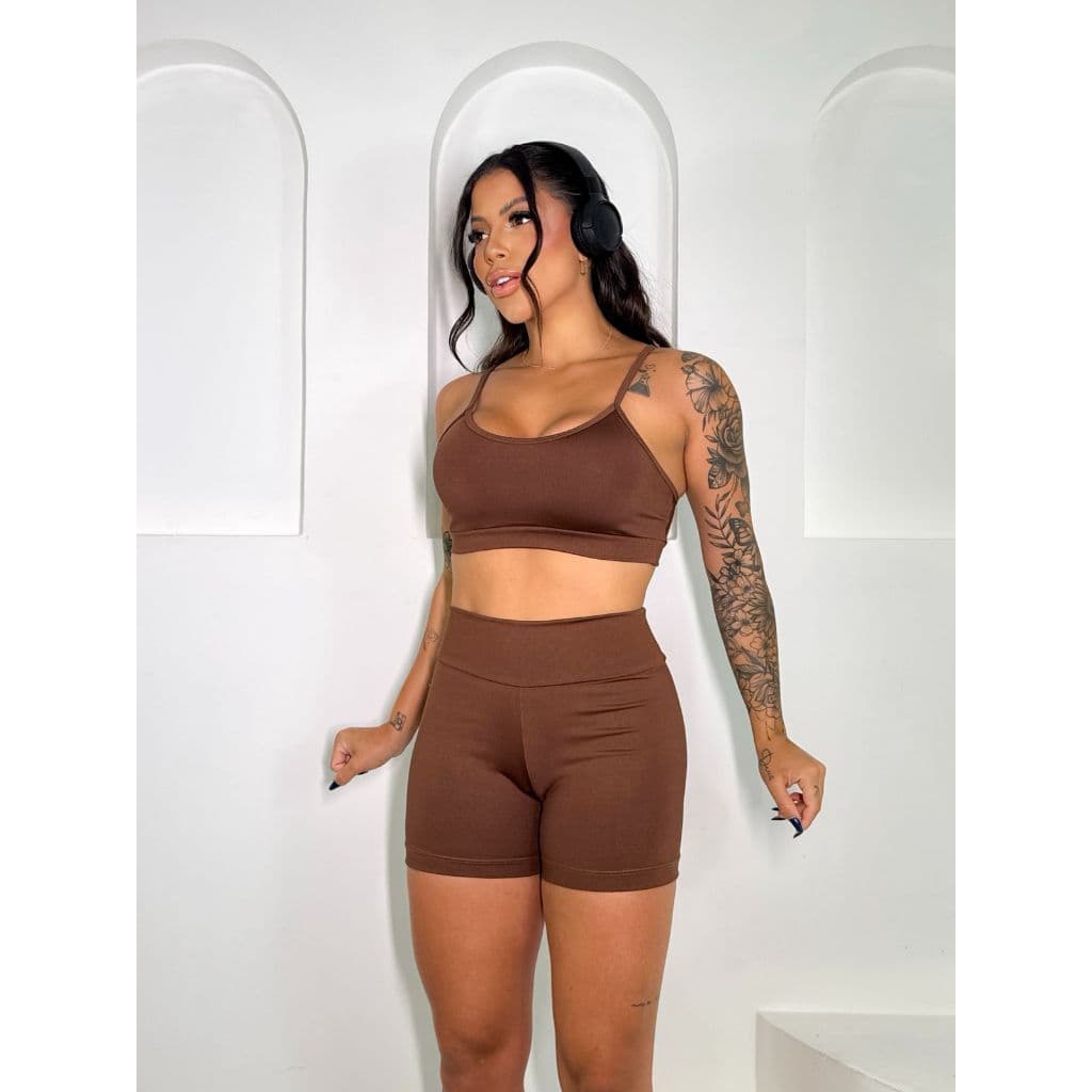 Conjunto De Academia Zero Transparencia Top e Short Fitness Cintura Alta