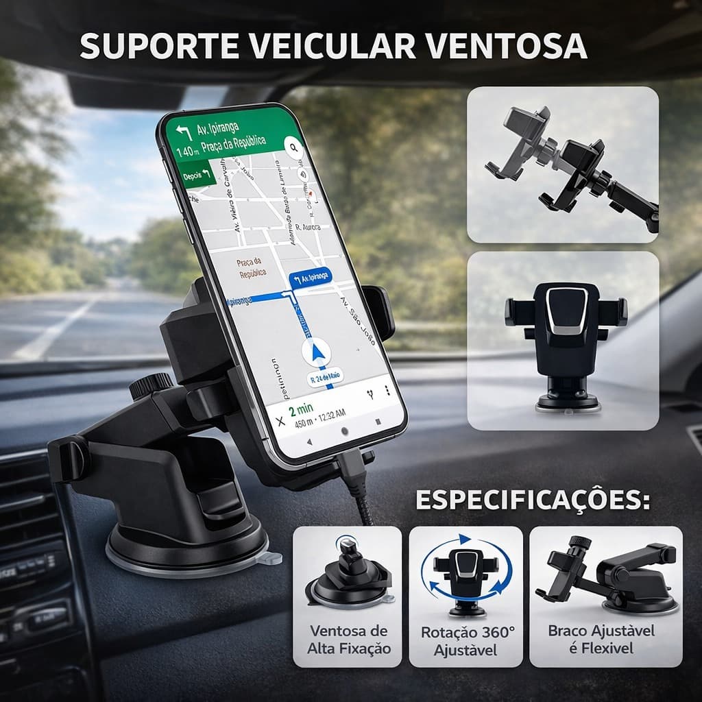 Suporte Veicular Universal Celular e GPS Trava Automática 360° Ajustável Ventosa Silicone Para Carro
