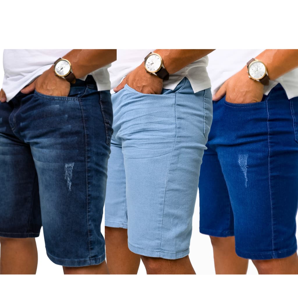 Kit 3 Bermudas Jeans Masculinas Slim, Tecido Premium com Elastano, Ideal para o Dia a Dia