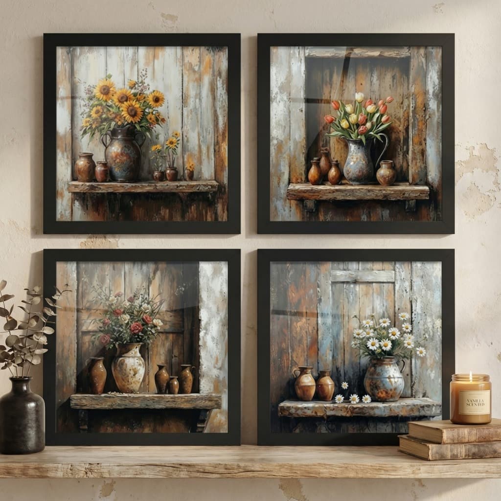 Kit 4 quadros 18x18 cm, sala banheiro varanda quarto, flor, vasos, girassol com moldura e vidro