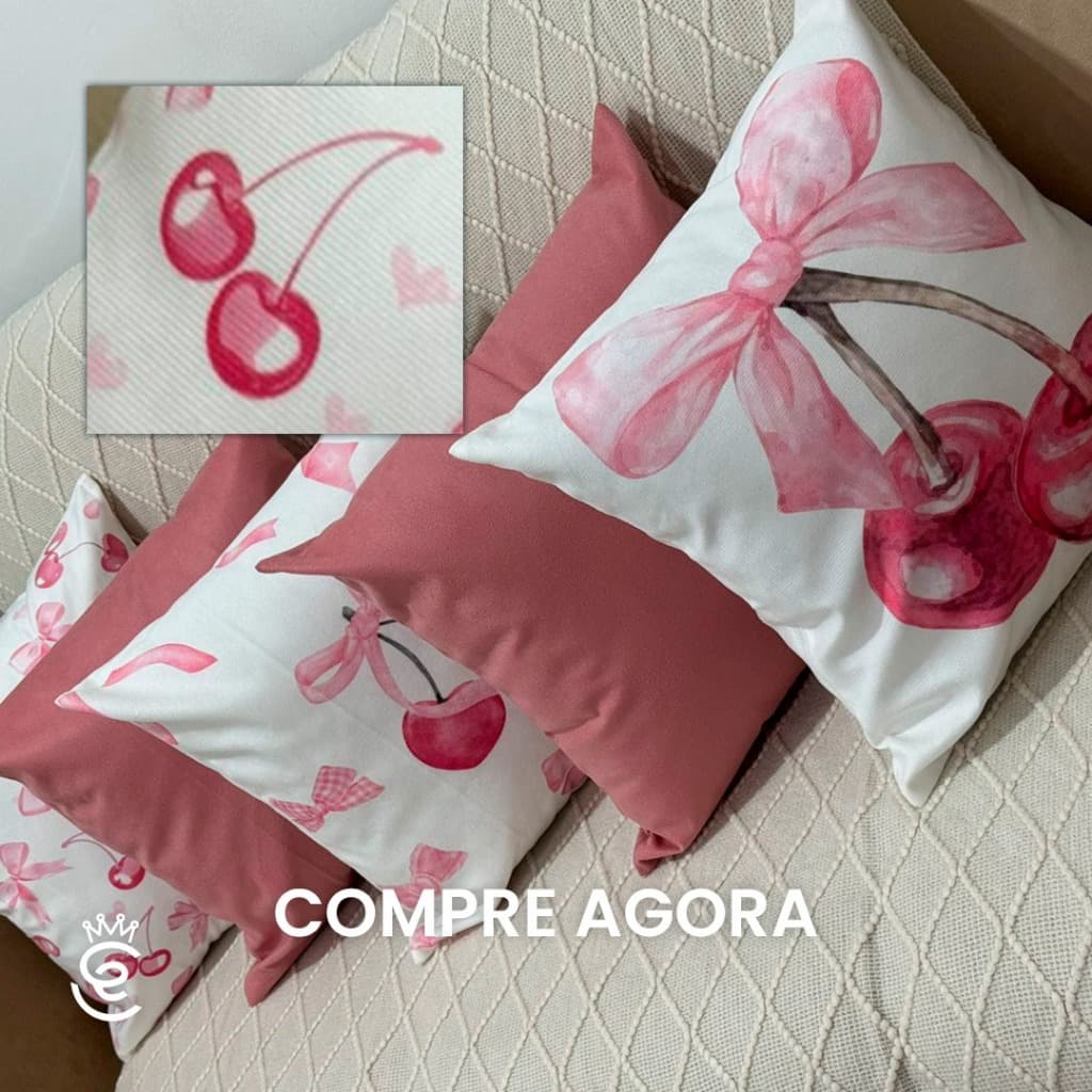 Kit 5 Capas De Almofadas Laços e Cereja rosa 45cmx45cm suede sublimadas com efeito 3D - Decorativas e Modernas