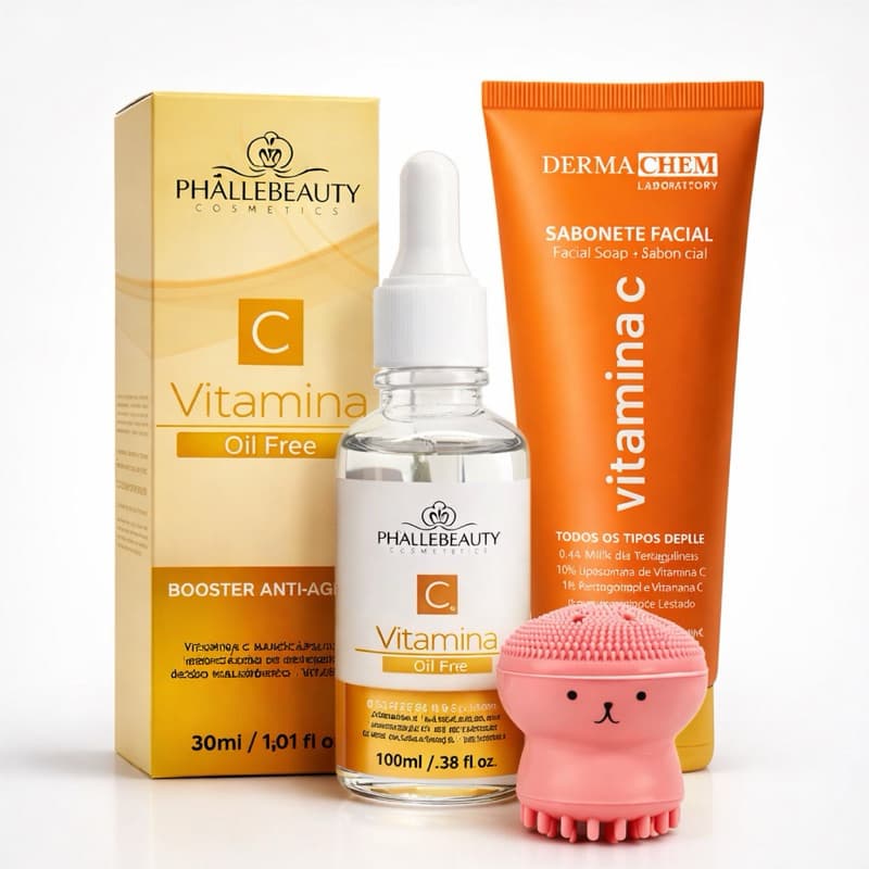 Kit Vitamina C Facial Completo Phállebeauty + Sabonete Dermachem + Escova de Silicone Limpeza Profunda
