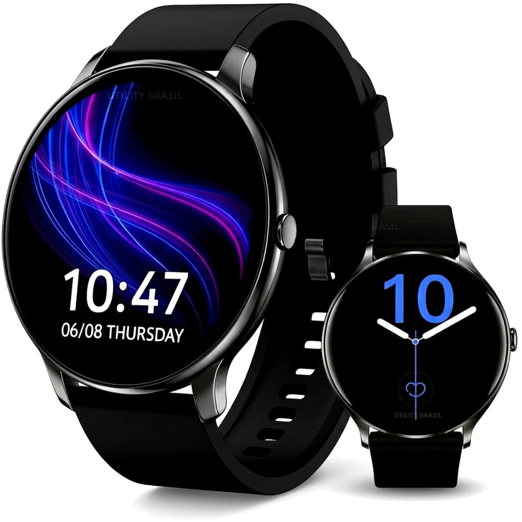 Smartwatch Redondo Preto Bluetooth Aprova D'agua 1ATM Tela AMOLED 2026 + 2 Pulseiras Brindes