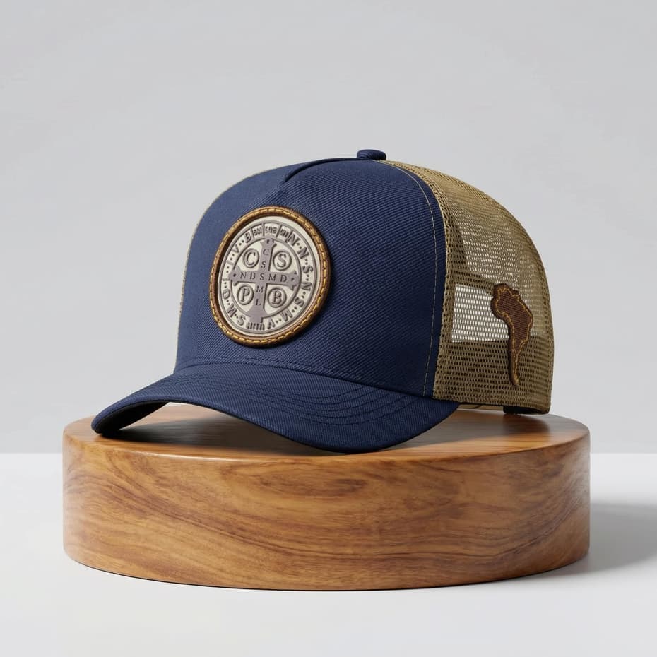 Boné Country São Bento Original Redinha em Couro Aba Curva Agro Religioso Trucker Ajustavel Telinha Premium