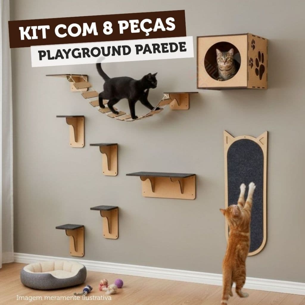 Kit Playground Para Gato Escalada Pet Parede MDF Conjunto 8 Peças Nicho Ponte Prateleiras Degraus