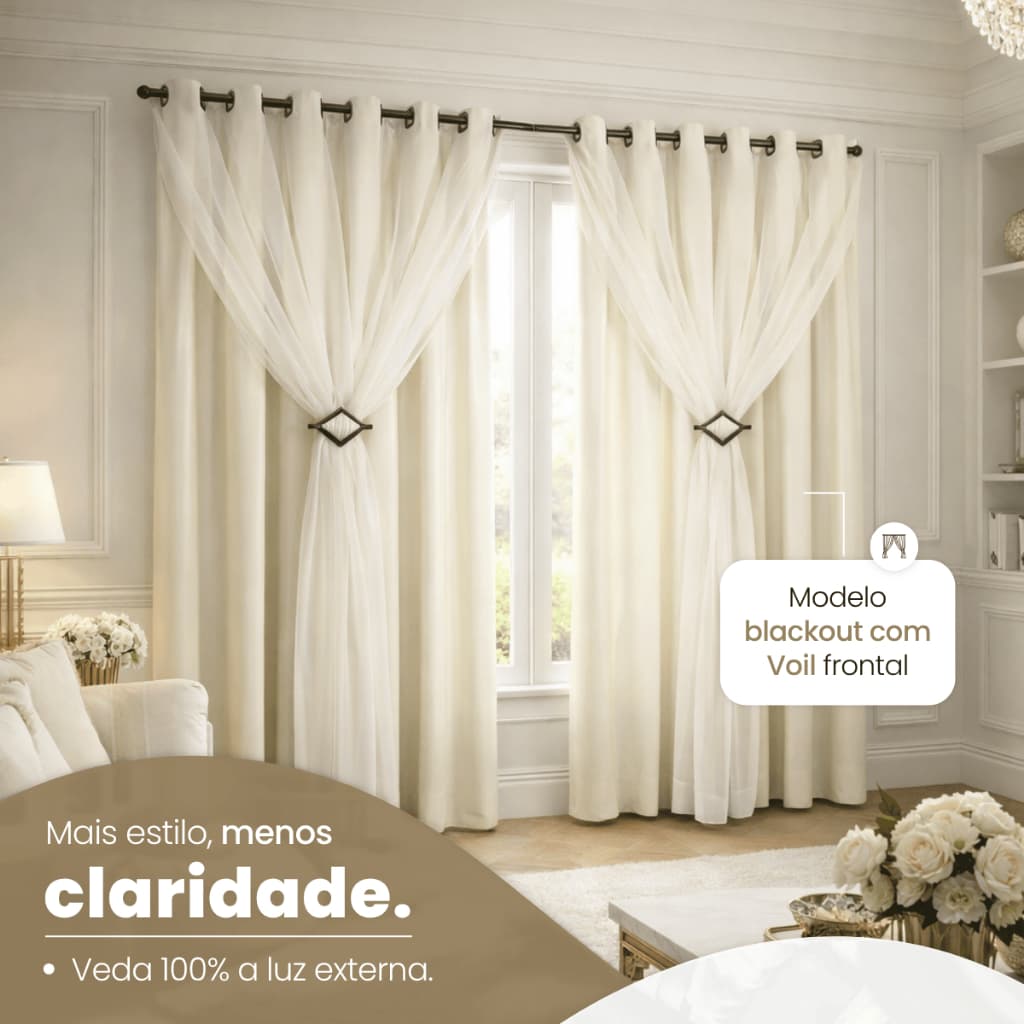 Cortina Corta Luz 2,00M x 2,40M 100% Blackout PVC Com Voil Liso E Fivelas