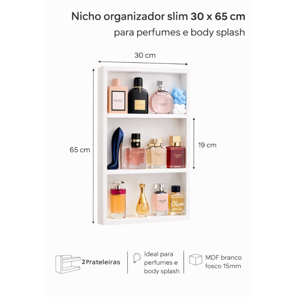 Expositor Porta Body Splash Perfume 2 Prateleiras MDF Branco 65x30x6cm Divisórias Multiuso
