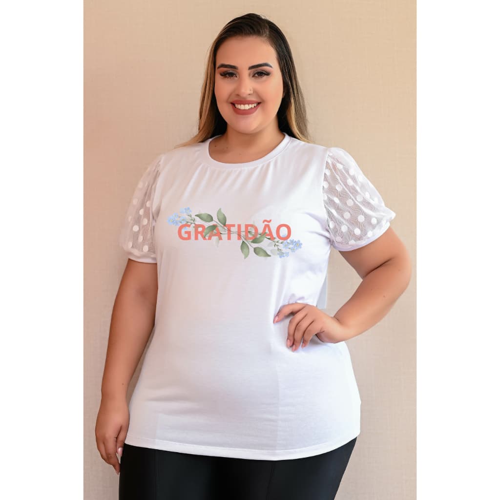 Blusa Plus Feminina Estampa Cristã Evangélica Gratidão Camiseta T-Shirt Branca Tule na Manga Princesa Malha Fria Fresca
