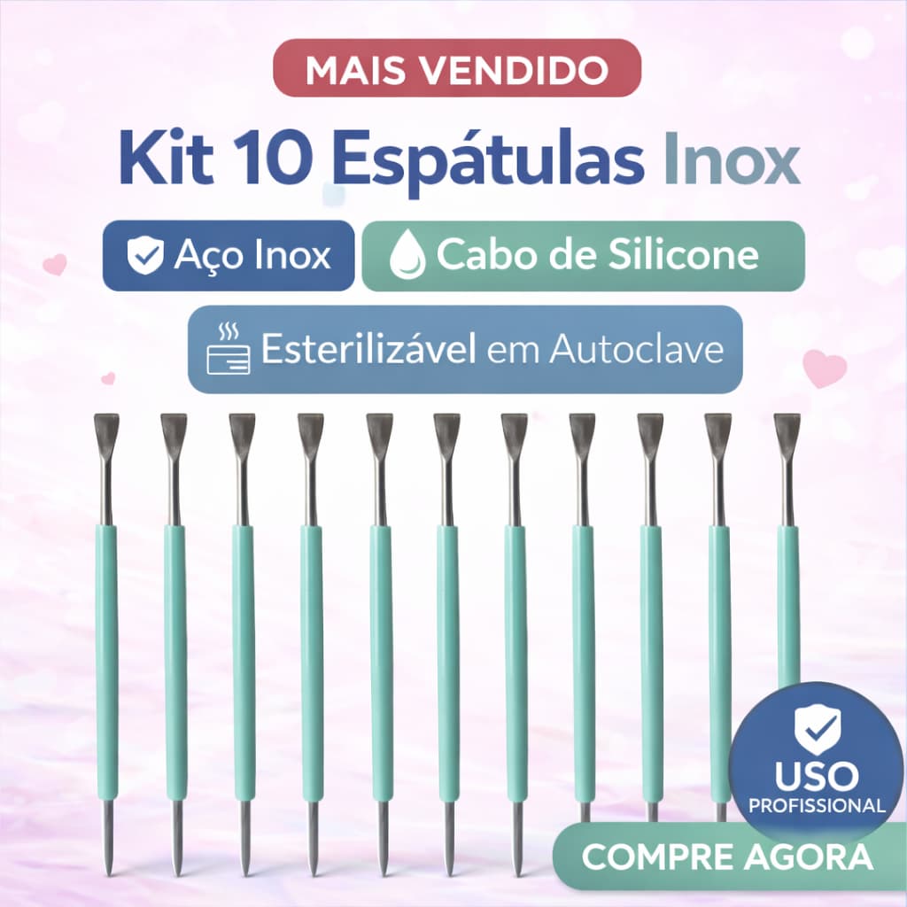 Kit 10 Espátulas Ditorini Bastão Mista Unha Inox 420 Com Silicone Cutelaria Manicure Profissional