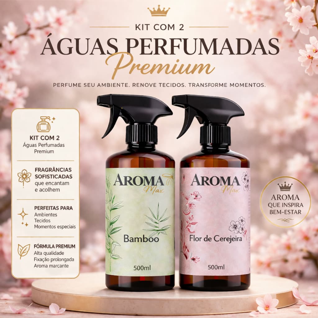 Kit 2 Água Perfumada 500ml Aroma Max para Roupas, Lençóis e Ambiente Alta Fixação Cheiroso Perfume Casa Spray Aromatizad