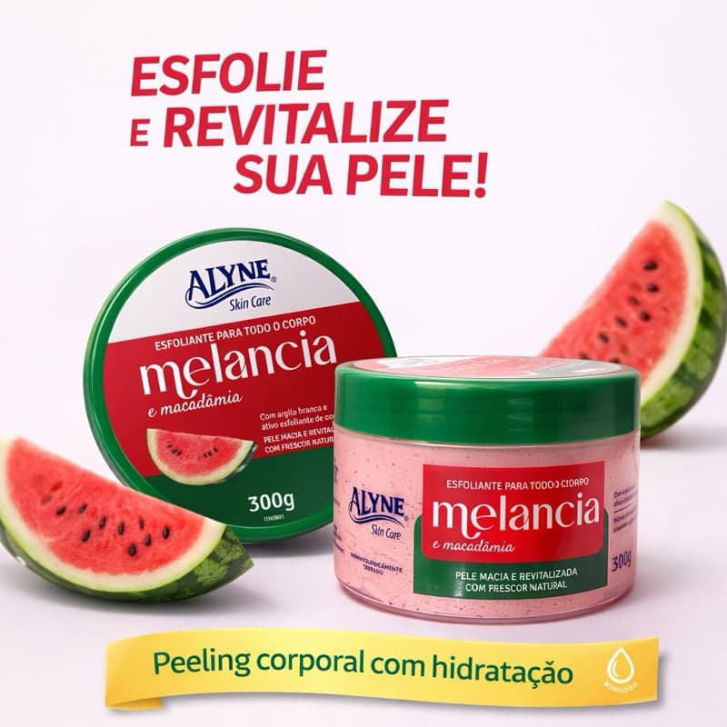 Esfoliante Corporal Melancia e Macadâmia Alyne 300g Pele Macia, Renovada e Cheirosa