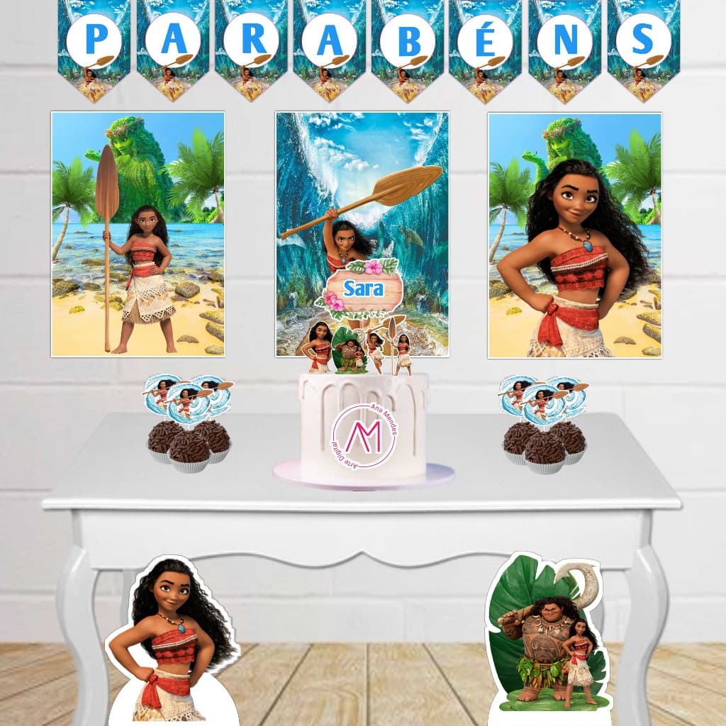 Kit Festa Infantil Moana Fácil Decoração Com Painel Display Toppers Topo de Bolo Só um bolinho
