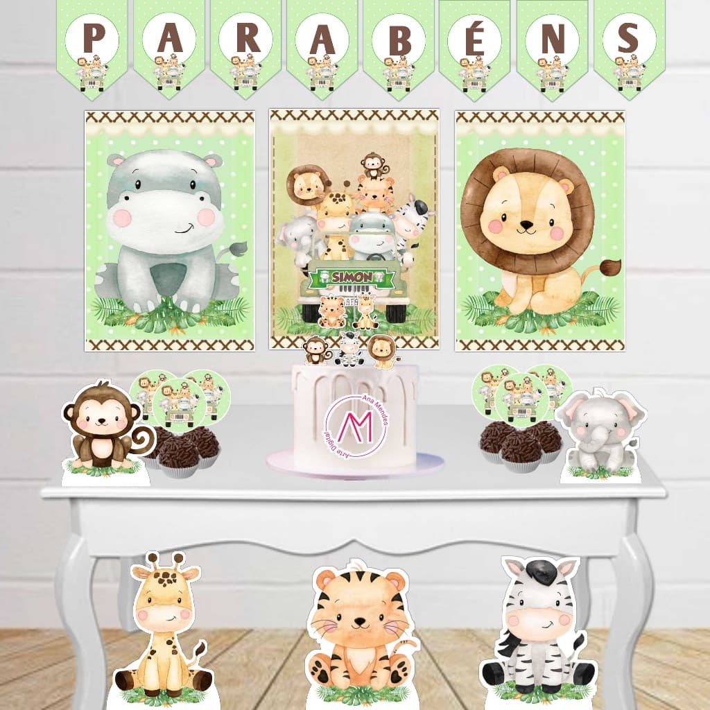 Kit Festa Infantil Safari Fácil Decoração Com Painel Display Toppers Topo de Bolo Só um bolinho