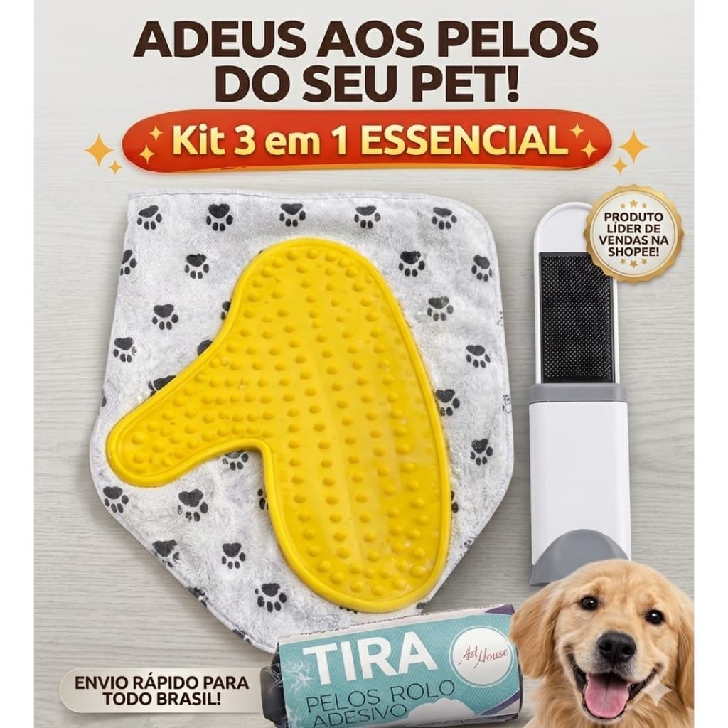 Kit Removedor de Pelos Pet 3 em 1 Luva Banho + Rolo Adesivo + Escova Tira Pelos Sofá Roupas Casa