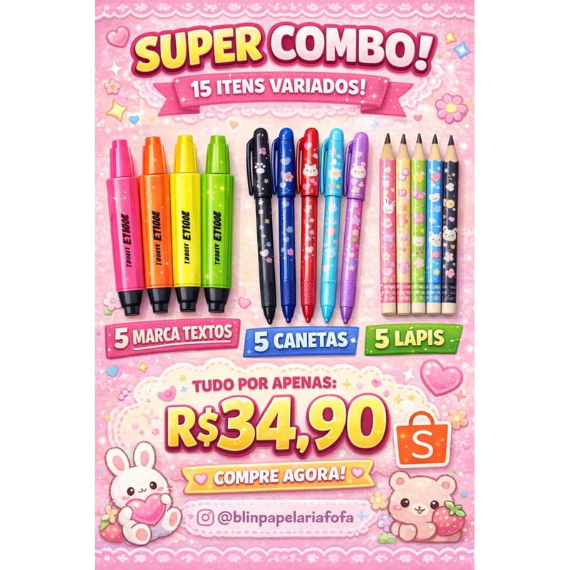 Kit Papelaria Fofa 15 Itens (5 Canetas + 5 Lápis + 5 Marca Texto) Sortido Kawaii Escolar Promoção