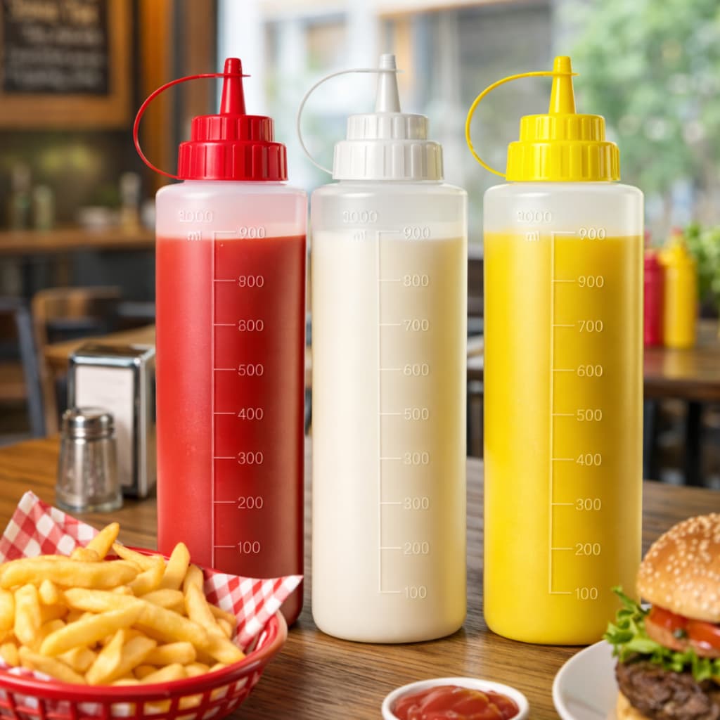 Kit Bisnaga Transparente 1L Para Molho Ketchup Mostarda e Maionese Flexível Prática Lanchonete Restaurante Reutilizável