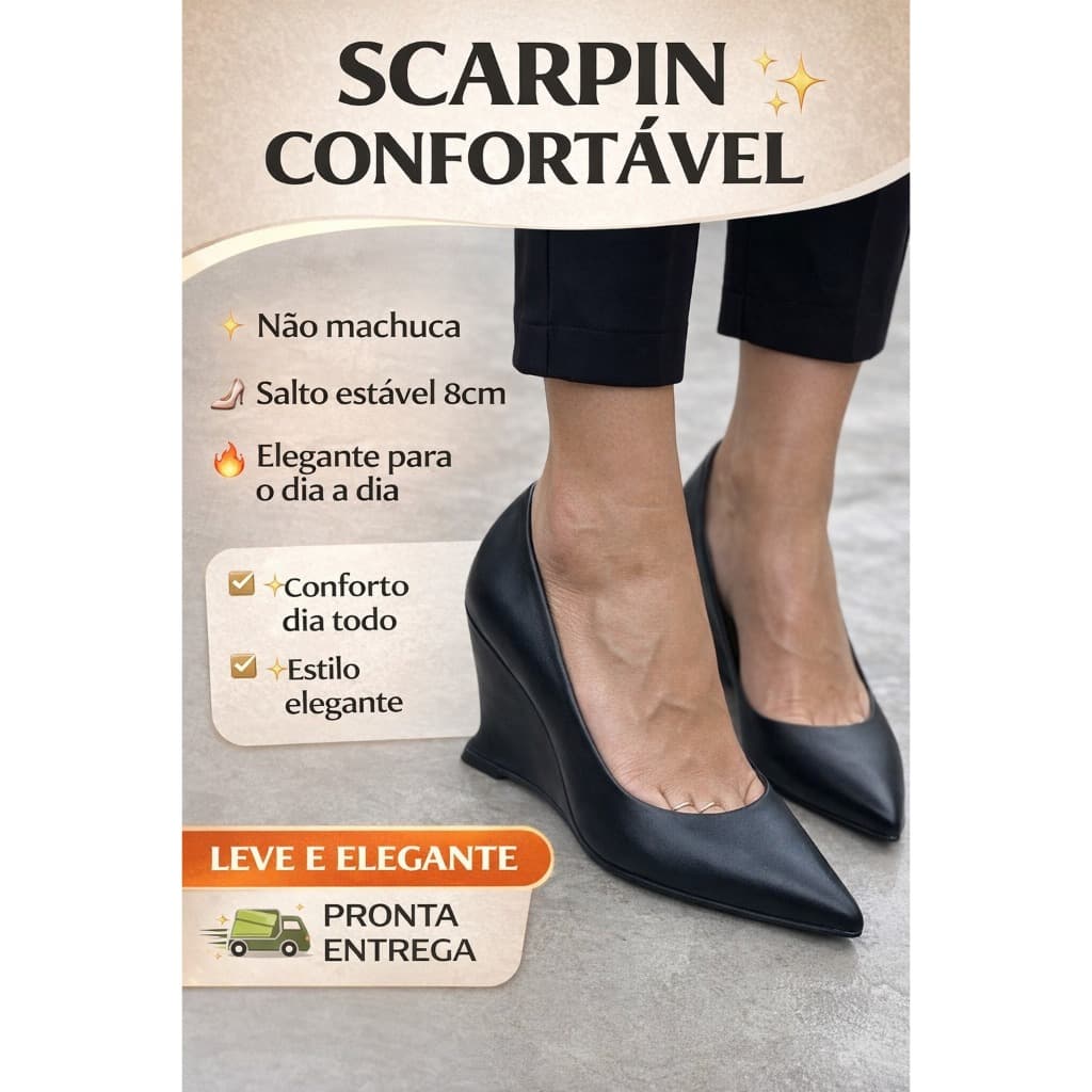 Scarpin Anabela Feminino Confortável Salto 8cm Bico Fino Couro Elegante Trabalho Social