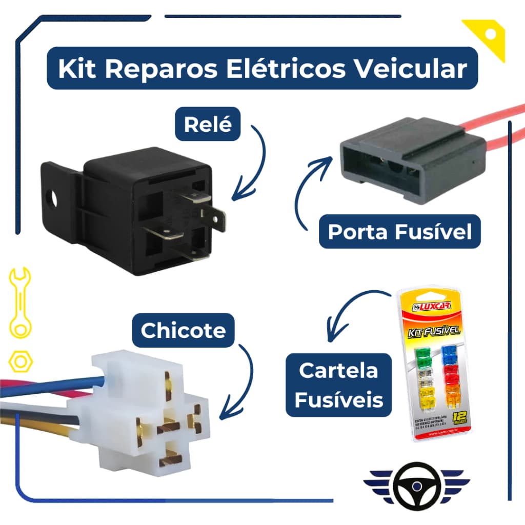 Kit de Reparos Elétricos Veicular Relé Chicote Porta Fusível Fusíveis Automotivo