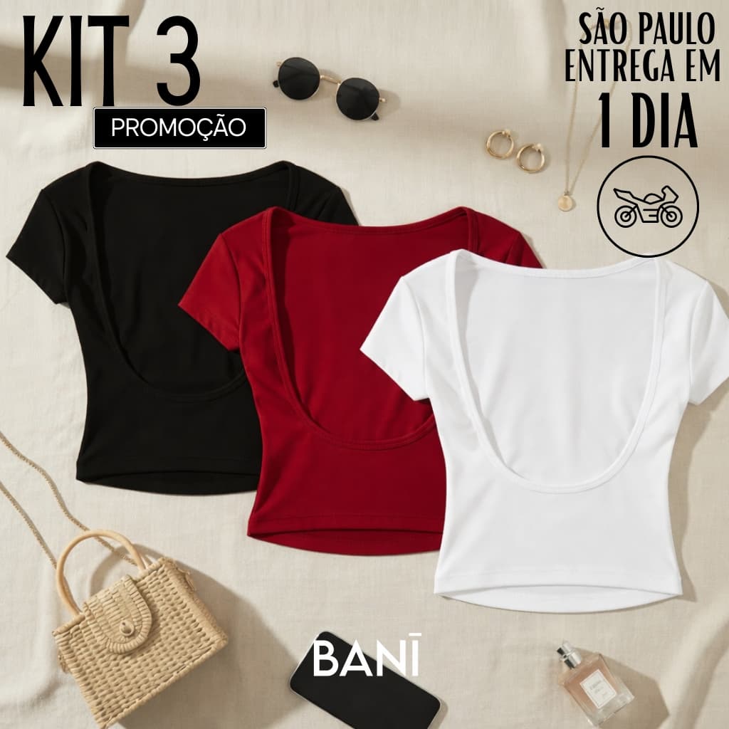 KIT 3 Cropped Costa Nua Feminina manga curta Suplex Baby Tee Liso Casual Básico Tecido Duplo