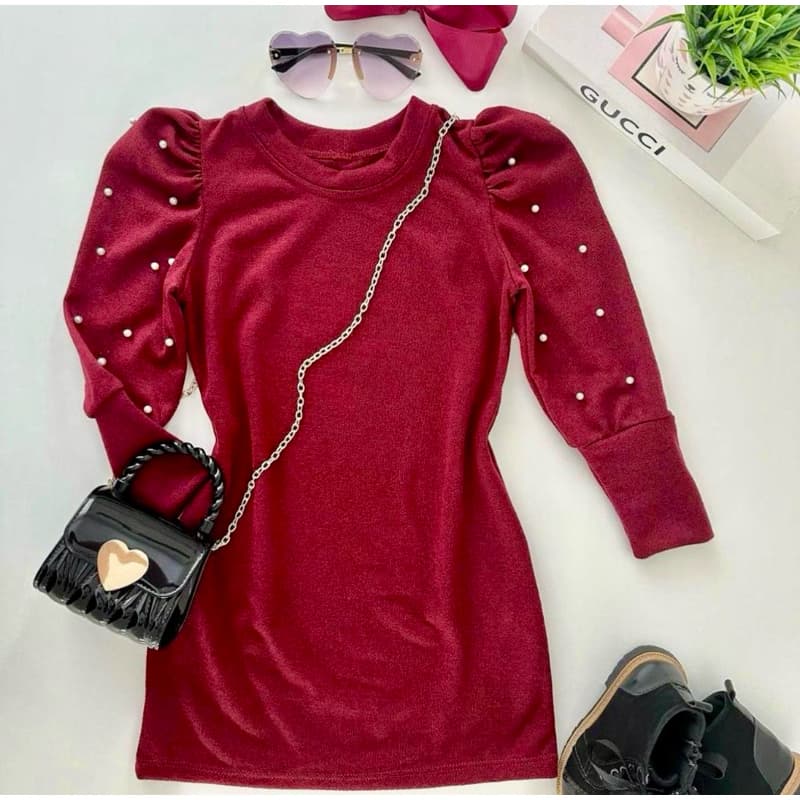 Vestido Infantil Manga Longa Com Pérolas Nas Mangas Para Meninas