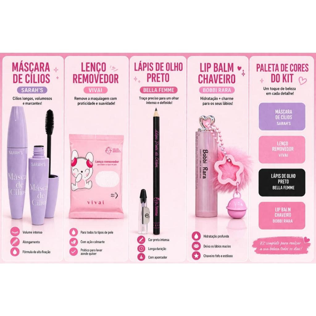 Kit de Maquiagem Rimel, Lapis de Olhos, Mini Lenço Umedecido e Gloss Fofo