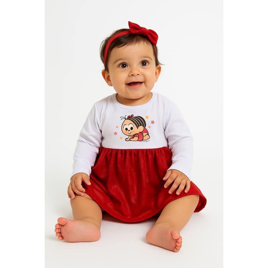 Vestido Infantil Bebê Mônica Baby Manga Longa C/ Tapa Fralda - G