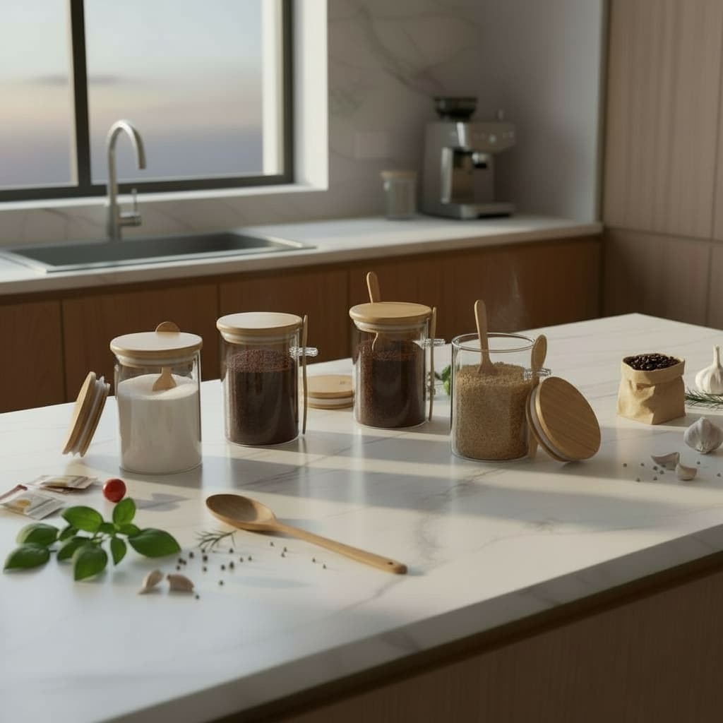 Kit 3 Pote Hermético Pote De Vidro Com Tampa de Bambu e Colher 440ml Redondo Organizador De Cozinha Açúcar Café