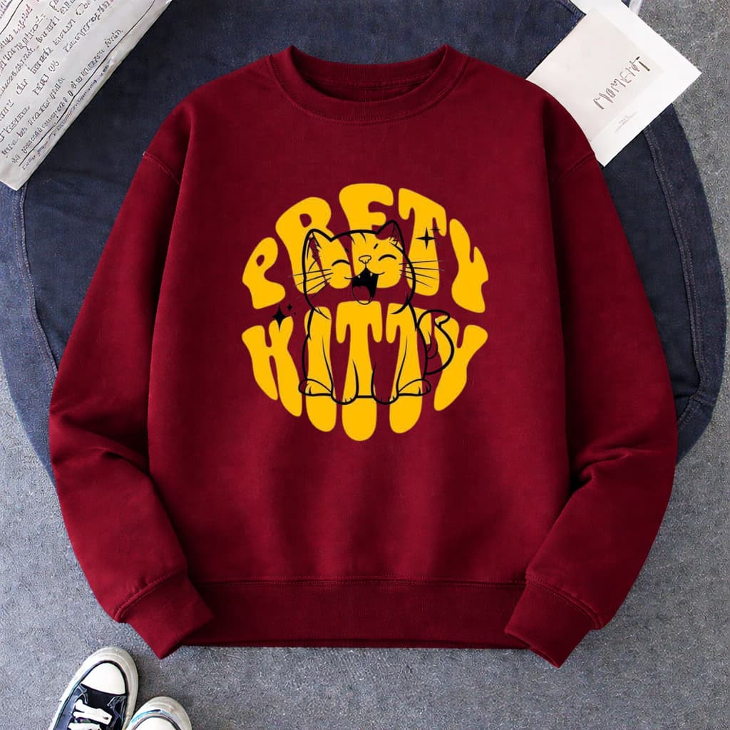 Moletom sem Capuz Feminino Flanelado Estampa Prety Kitty Gatinho Casaco Inverno 100% Algodão Premium Gola Redonda