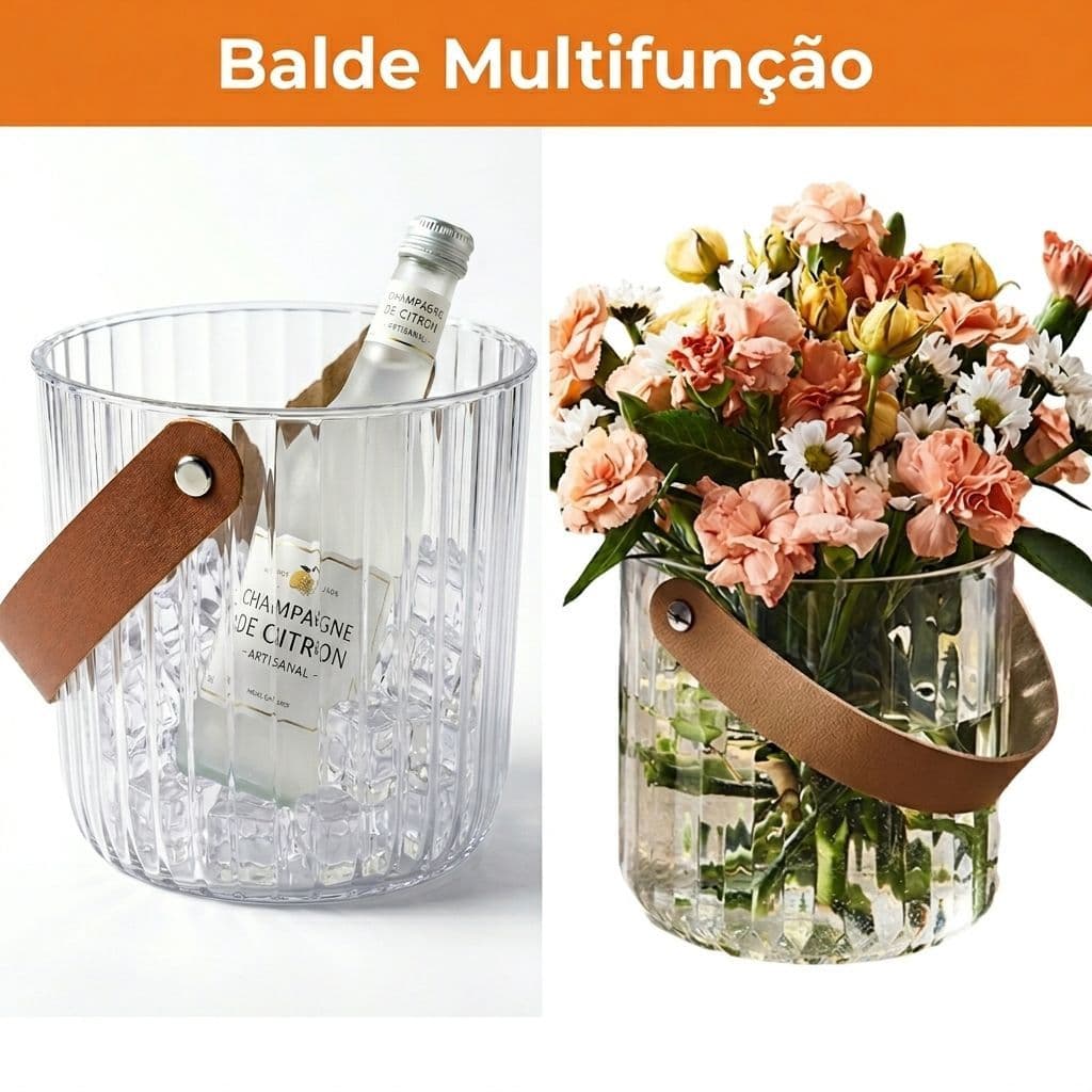 Balde de Gelo Acrílico Vaso de Flor Fruteira Multiuso Alça Mesa Decorativo Premium Luxo