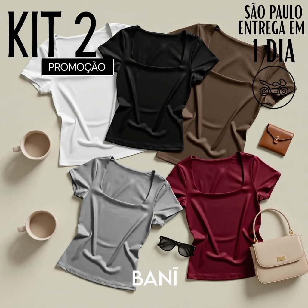 KIT 2 Blusas Manga Curta Decote Quadrado Feminina Babylook Básico Suplex Casual