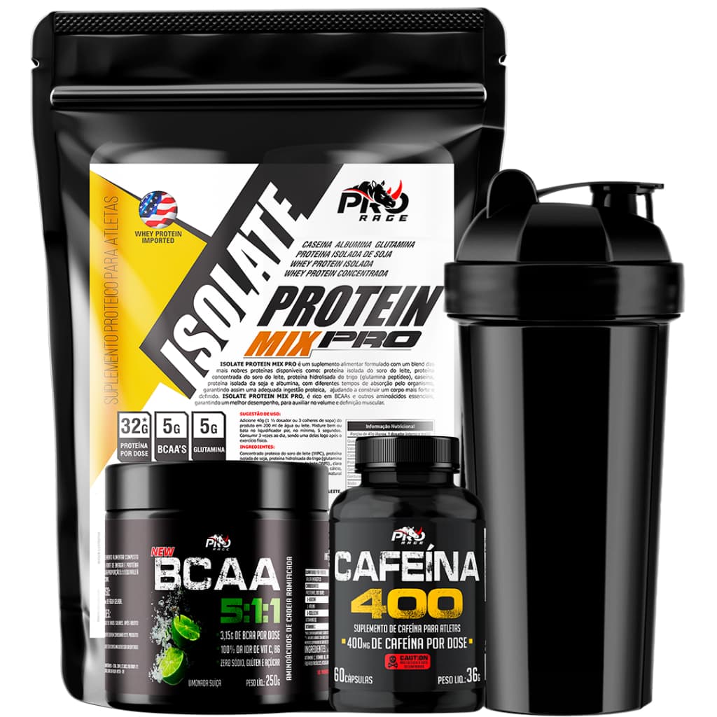Kit Isolate 900g + Cafeina 400 + Bcaa 5:1:1 Limão e Brinde Coqueteleira