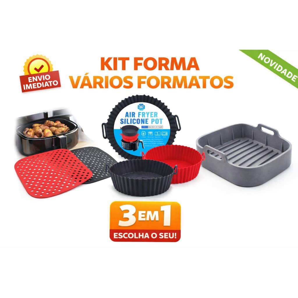 Kit Formas Silicone Para Air Fryer 3 em 1 – Forma Redonda, Cesto Silicone Reforçado, Tapete Silicone