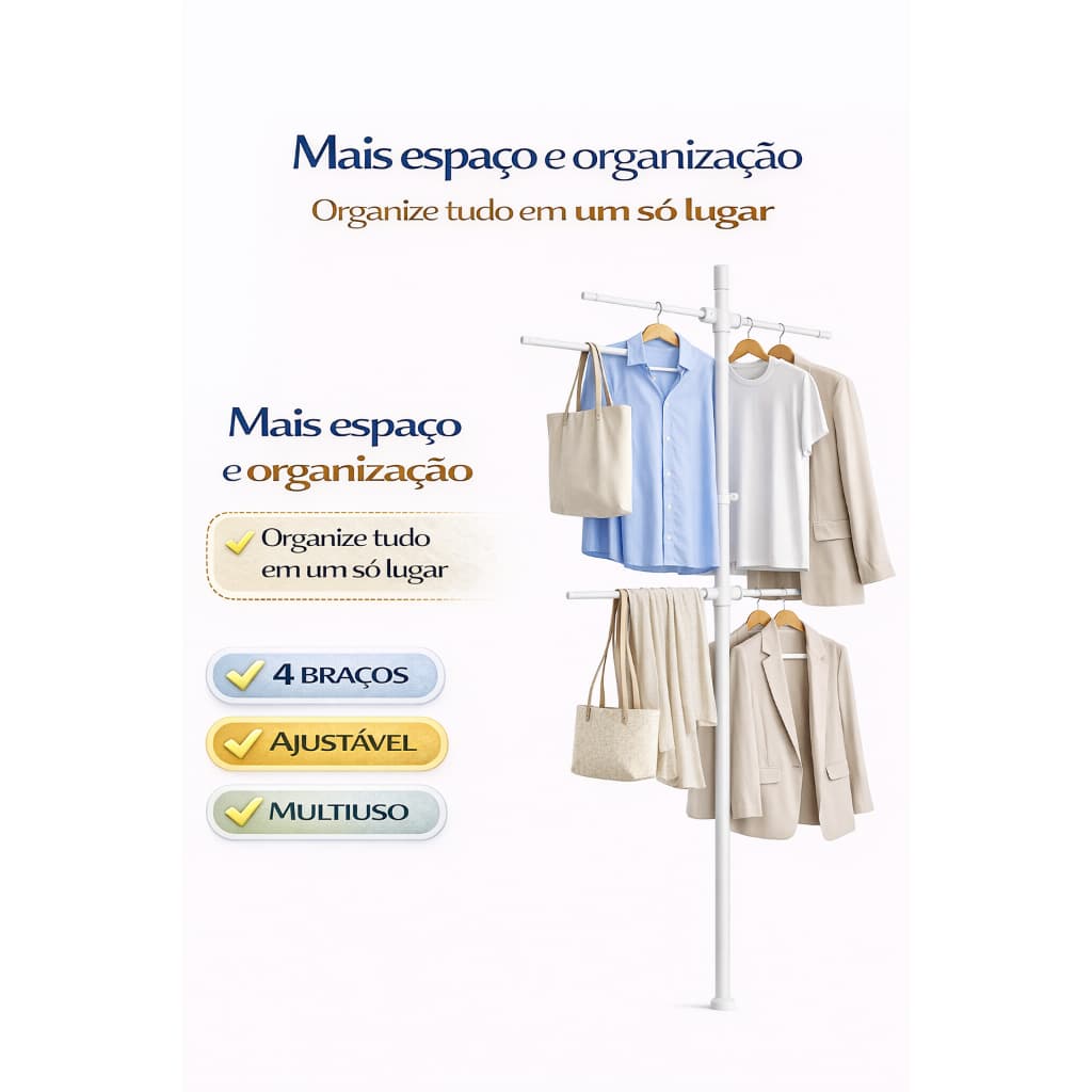Cabideiro Vertical 4 Braços Multiuso Branco Ajustável 👕✨