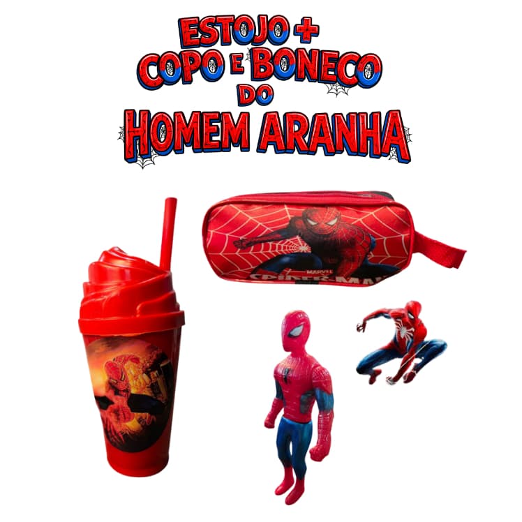 KIT MATERIAL ESCOLAR ESTOJO INFANTIL COM 2 ZÍPERES + BONECO E COPO DO HOMEM ARANHA