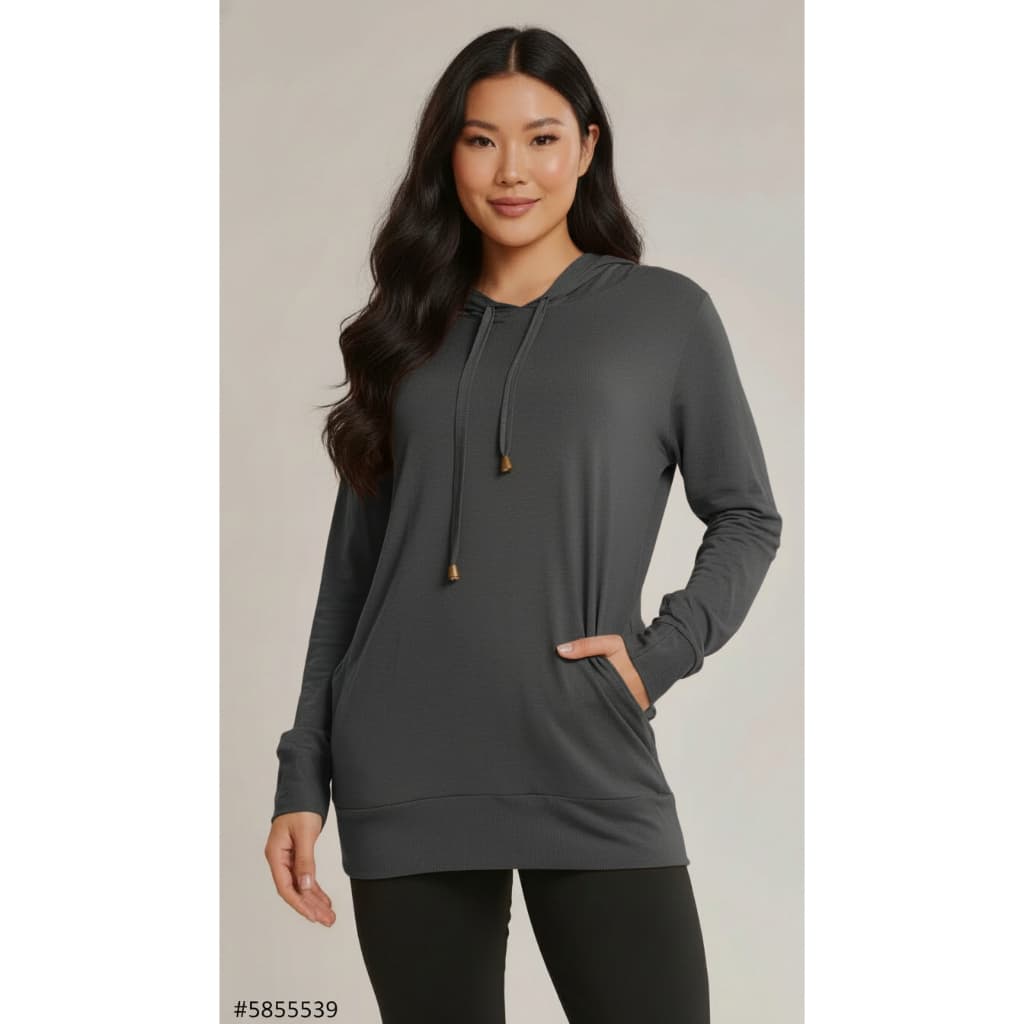 Blusa Feminina com Capuz Viscolycra Manga Longa Bolsos Casual Confortável Soltinha Inverno Moda Feminina