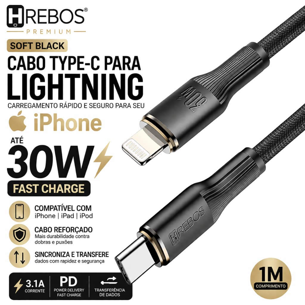 Cabo USB-C para Lightning Compatível com iPhone 30W Carregamento Rápido 1m Preto/Branco