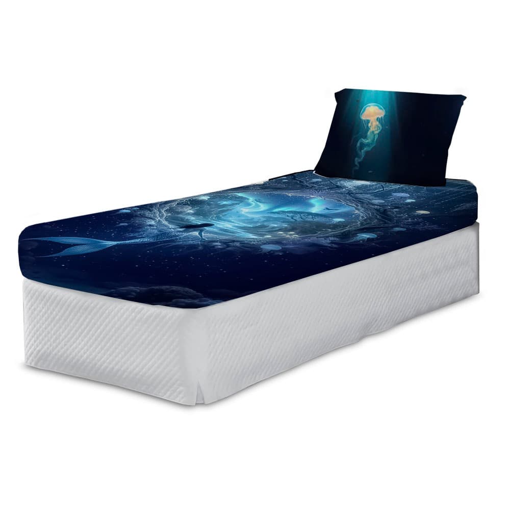 Kit Lençol Elástico E Fronha Sereia Aquarela Menina Azul Escuro Fundo do Mar