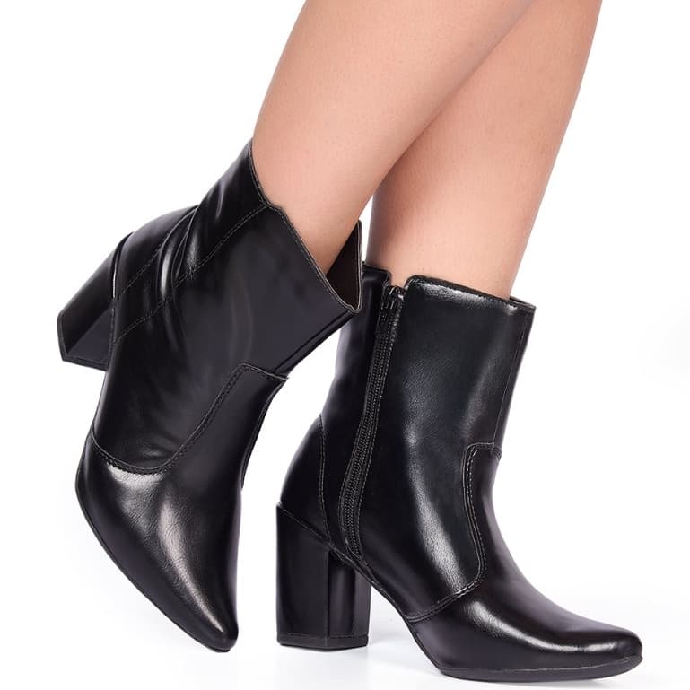 Bota Coturno Feminina Salto Grosso Bico Fino Cano Curto Zíper Verniz Blogueira Confortável Inverno