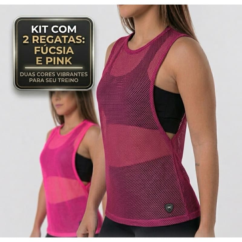 KIT COM 2 FUCSIA PINK CAMISETA REGATA FEMININA TELA TULE TRANSPARENTE SOBREPOSIÇÃO ACADEMIA FITNESS