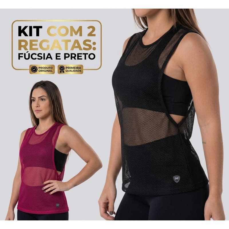 KIT COM 2 PRETO FUCSIA CAMISETA REGATA FEMININA TELA TULE TRANSPARENTE SOBREPOSIÇÃO ACADEMIA FITNESS