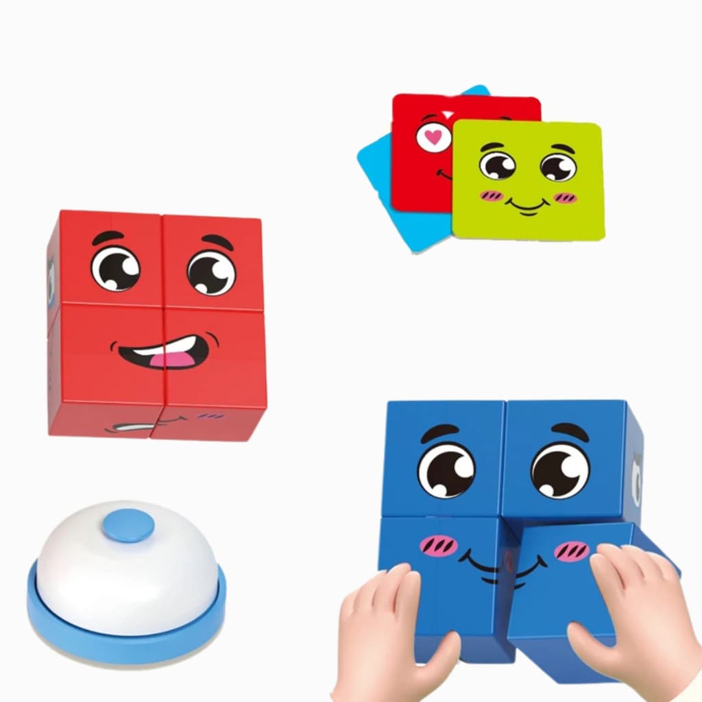 Jogo Expressões Emoções Brinquedo Educativo Cubos Cartas Sineta Infantil Lúdico Ding Ding Agilidade Mental Kids
