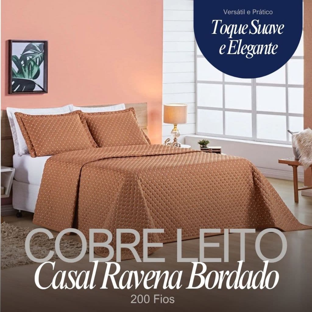 Cobre Leito de Casal Ravena Bordado Colcha 200 Fios Micropercal Queen e King Conforto Sofisticação