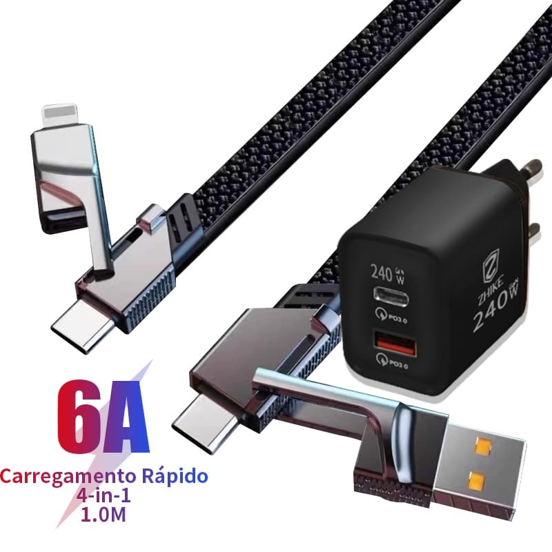 Cabo Celular Carregador Carregamento Rápido 4 Em 1 Tipo C iP 1,0 Metros Trança Nylon Charger Cable