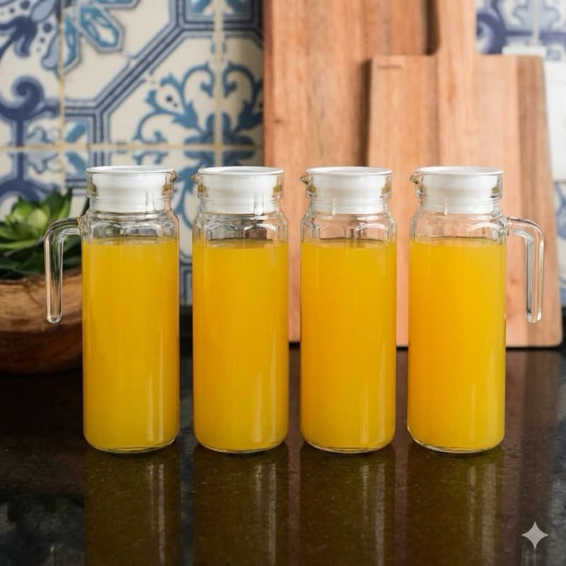 Jogo Conjunto de Jarras Garrafa Vidro Tampa Hermética 1 Litro 1 2 4 Jarras Transparente Redonda Servir Água Suco Bebidas